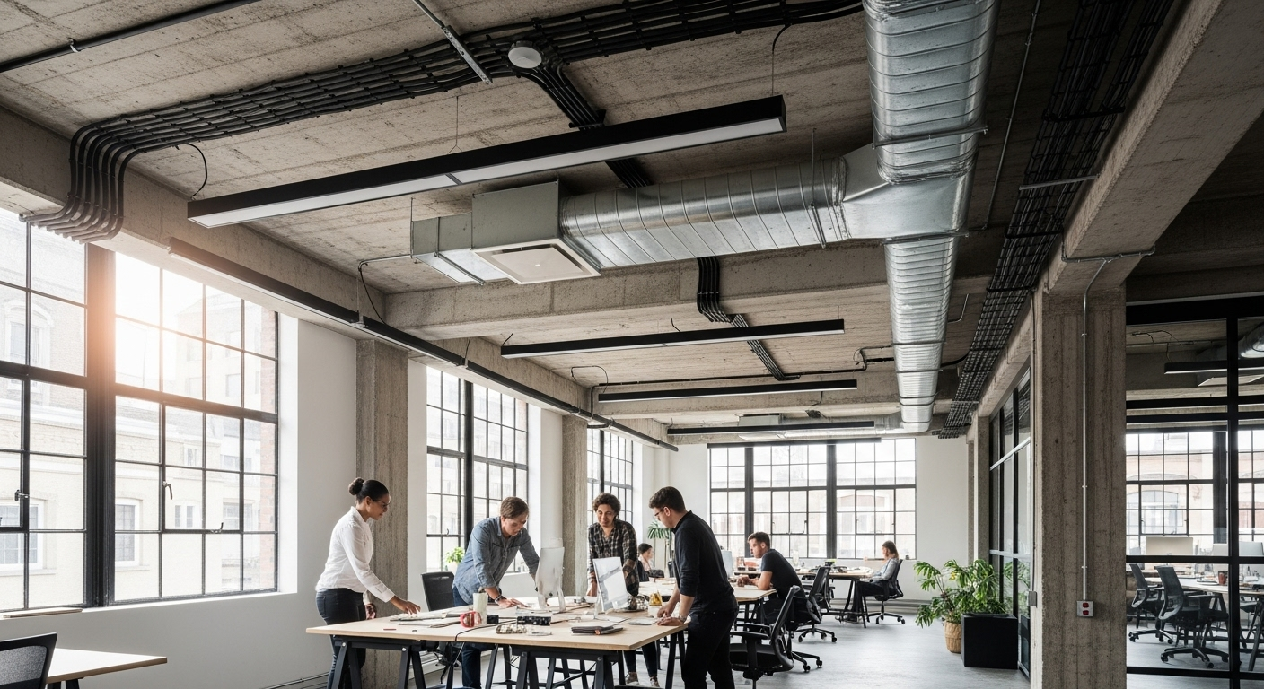 Endüstriyel açık tavan (open plenum) ofis örneği